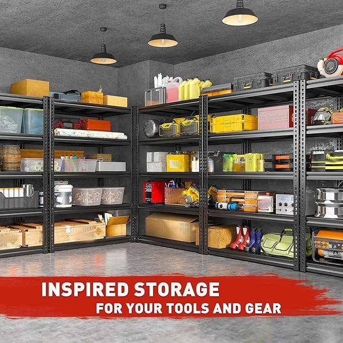 REIBII 72" H Garage Shelving Load 2500 LBS, Heavy Duty Storage Shelves, 5-Tier Adjustable Garage Shelves for Warehouse, Basement, 72" H x36 W x18 D, Black