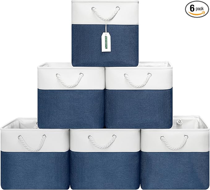 13x13 Inch Cube Storage Bins with Reinforced Bottom Cardboard, 6 Pack Large Collapsible Fabric Storage Cubes with Handles for Shelf, Closet, Toy, Laundry Organization (White&Navy Blue)