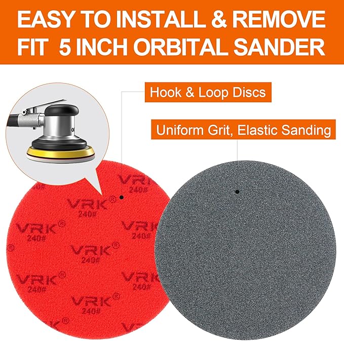 24 PCS 5 Inch Sanding Sponge Discs with Hook and Loop Backing - Multiple Grits 180 to 2000 for Random Orbital Sander Wood,Metal,Auto & Plastic Polishing - Dry and Wet Use Sponge Sandpaper