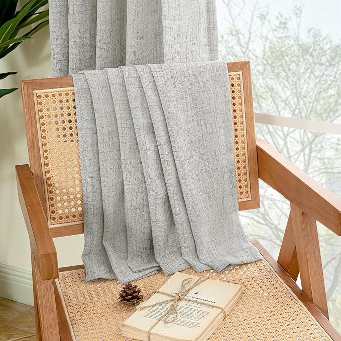 YoungsTex Light Grey Linen Curtains 40 Inches Long for Kitchen Cafe Window, Short Length Semi Sheer Drapes Back Tab Rod Pocket Light Filtering for Bathroom Bedroom, 2 Panels, 42 X 40 Inch