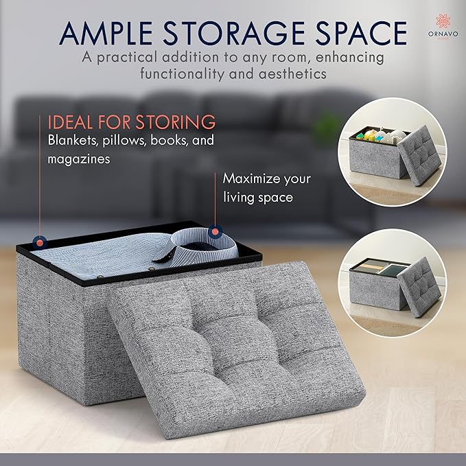 Ornavo Home Small Storage Ottoman Foldable Collapsible Rectangle Linen Ottoman Foot Rest Stool Seat, for Living Room, Bedroom, Home Office, Dorm - 12 x 16 x 12, Gray