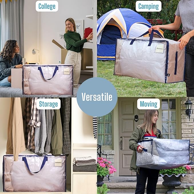 VENO 10 Pack Moving and Storage Bags, Heavy Duty, Alternative to Moving Boxes, Large Packing Totes Supplies for College Dorm Room with Zipper for Clothes, Wide Open Design (Clear, 10 Pack)