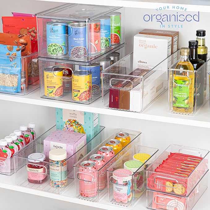 Plastic Food Storage Clear Container Bin with Handles for Organizing Kitchen, Pantry, Fridge, Freezer, Pantry, Bathroom. 14"x6"5"