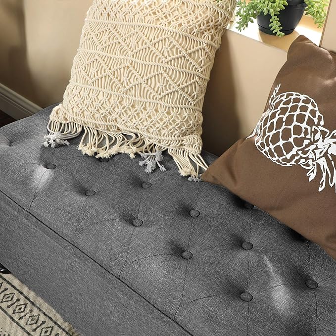SONGMICS Storage Ottoman, Storage Bench, Tufted Entryway Bedroom Bench, 17.7 x 46.5 x 17.7 Inches, Hinges Easy Lid Operation, Wooden Legs, Linen-Look Cover, Loads 330 lb, Dark Gray ULOM070G01