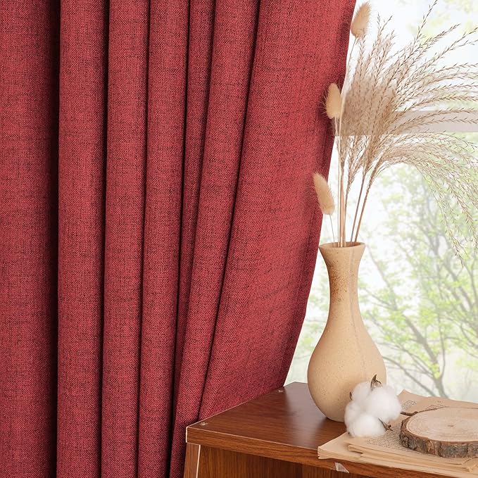 YoungsTex Red Linen Curtains 63 Inch Length 2 Panels for Living Room - Christmas Semi Sheer Window Drapes with Back Tab Rod Pocket Light Filtering for Bedroom, 52 X 63 Inch