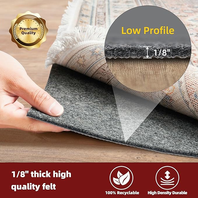 BAGAIL Felt and Natural Rubber Backing Rug Pads 1/8” Thick, 9 x 12 Ft Non Slip Rug Gripper Keep Rugs in Place, Under Area Rug Protective Cushioned Pads, Carpet Runners, Hardwood Floors Protection