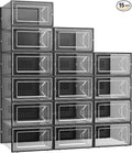 Kuject 15 Pack Shoe Storage Boxes, Clear Plastic Stackable Shoe Organizer for Closet, Connect Left and Right Shoe Boxes Case Container Bin for Entryway, Drop Front, Fit for Size 10(Black)