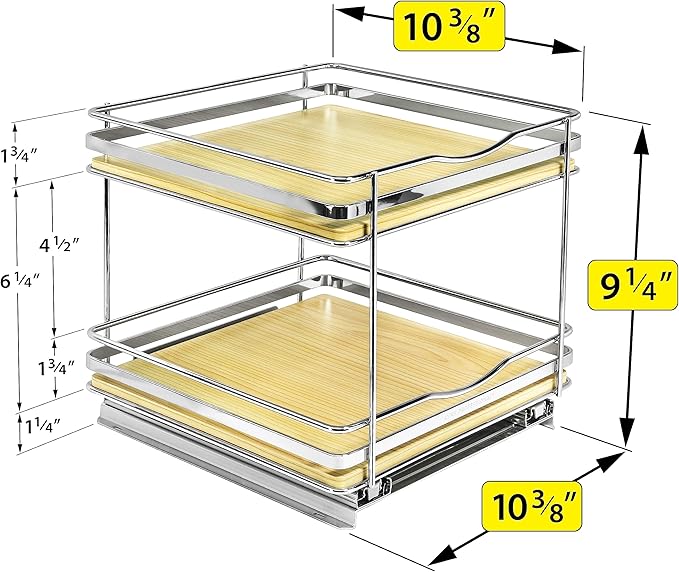 LYNK PROFESSIONAL® Élite™ Pull Out Spice Rack Organizer for Inside Kitchen Cabinets - 10-1/4 inch Wide - Slide Out Drawer – Wood/Chrome Sliding Spice Cabinet Organization Shelf Racks - 2 Tier