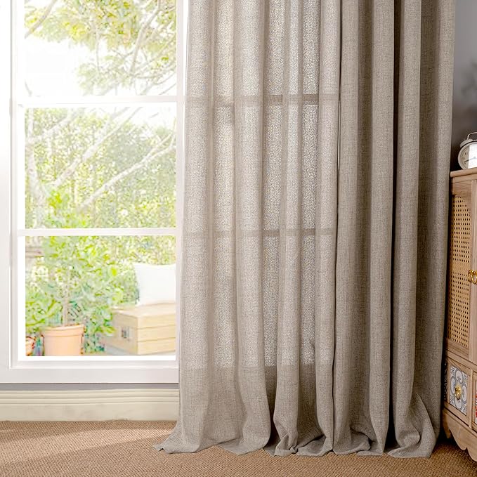 YoungsTex 90 Inch Length Linen Semi Sheer Curtains for Living Room, Dark Oatmeal Light Filtering Drapes with Rod Pocket Back Tab Textured Burlap for Bedroom, 52 X 90 Inch, 2 Panels