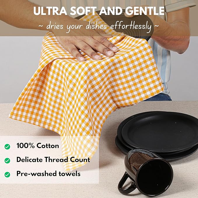 Native Fab 4 Pack Yellow Gingham Cotton Dish Towels 16"x26" - Absorbent Kitchen Linen Towels with Hanging Loop, Dishcloths Set for Drying Dishes, Cleaning Hand Towels, Mustard Yellow White
