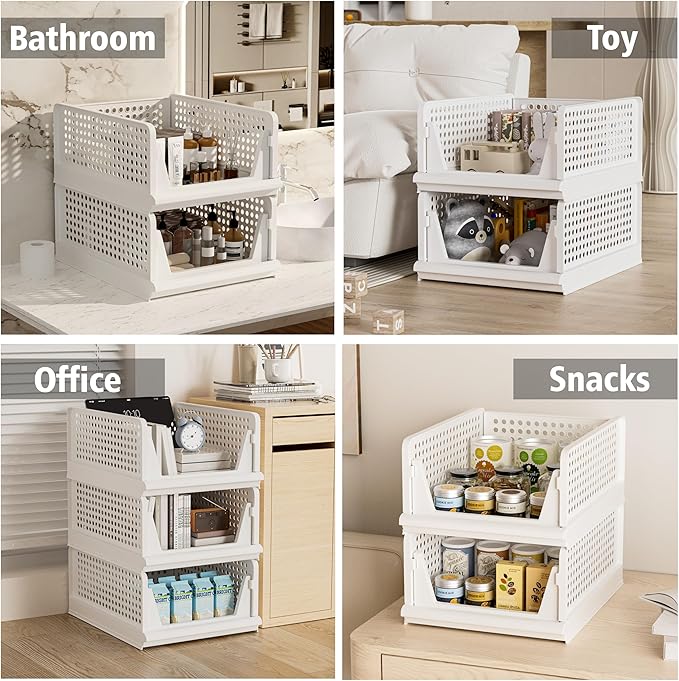 Proarea 4 Pack Stackable Plastic Storage Basket Closet Organizer Bin Foldable Clothes Organizer Storage Drawer Shelf Container for Living Room Bathroom Kitchen Office (4S)