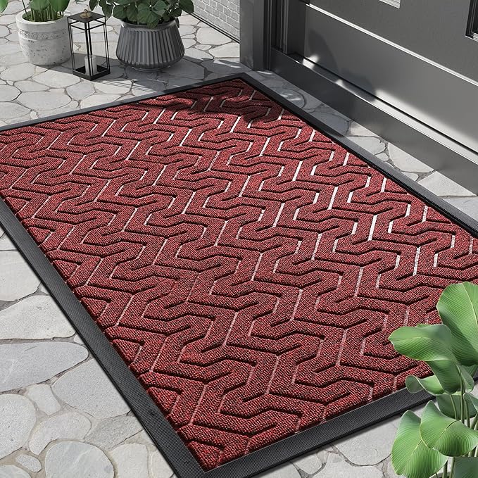 Yimobra Large Door Mat Outside Entrance 36x24, Waterproof Heavy Duty Outdoor Mats for Front Door, Non Slip Rubber Entry Mat for Garage Patio, Easy Clean, Black Red