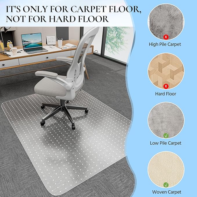 Office Chair Mat for Carpet, 53" x 45" Studded Desk Chair Mat for Low Pile Carpeted Floors, Transparent Carpet Protector Mat for Office Chairs