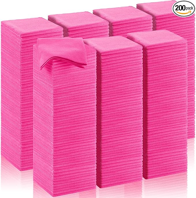 200 Pcs Microfiber Cleaning Cloth 16x16 Inch Microfiber Towels for Car Ultra Absorbent Cleaning Rags Reusable Lint Free Streak Free Detailing Towel for Car Washing Drying Dusting (Pink)