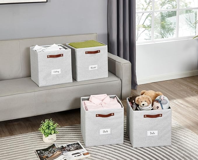 DECOMOMO Storage Baskets, 13x15x13 Storage Cube Bins with Labels for Organizing Shelves (Kallax / 4pcs, Light Grey)