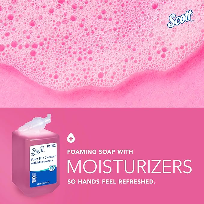 Bundle of Scott® Foam Hand Soap with Moisturizers, 1.0 L Pink, Floral Scent Refills + Scott Essential Manual Skin Care Dispenser, White Starter Kit