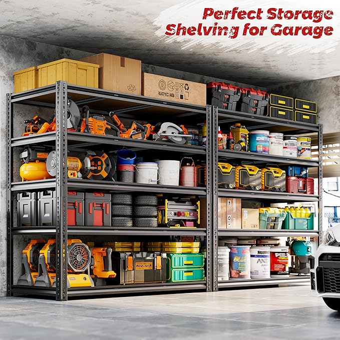 48"W Garage Shelving, 3050LBS Storage Shelves Heavy Duty, 5 Tier Metal Shelving Unit Adjustable Garage Shelves Heavy Duty Shelving for Warehouse,Commercial, Kitchen, 48" W × 24" D × 72" H, Black