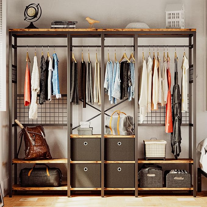 IRONCK Garment Racks with Shelves 4 Drawers and 8 Hooks Heavy Duty Closet Organizer for Hanging Clothes, Freestanding Closet Wardrobe Rack, Vintage Brown