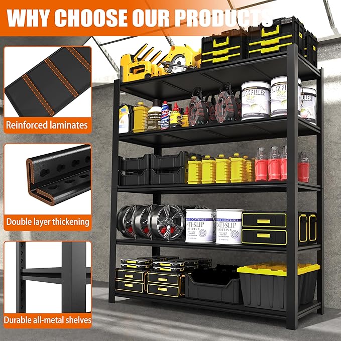84“H Garage Shelving Heavy Duty Storage Shelves 3000 LBS Adjustable 5 Tier Metal Shelving Uints and Storage for Garage, Warehouse, Commercial, 48" W x 24" D x 84" H, 2 Packs