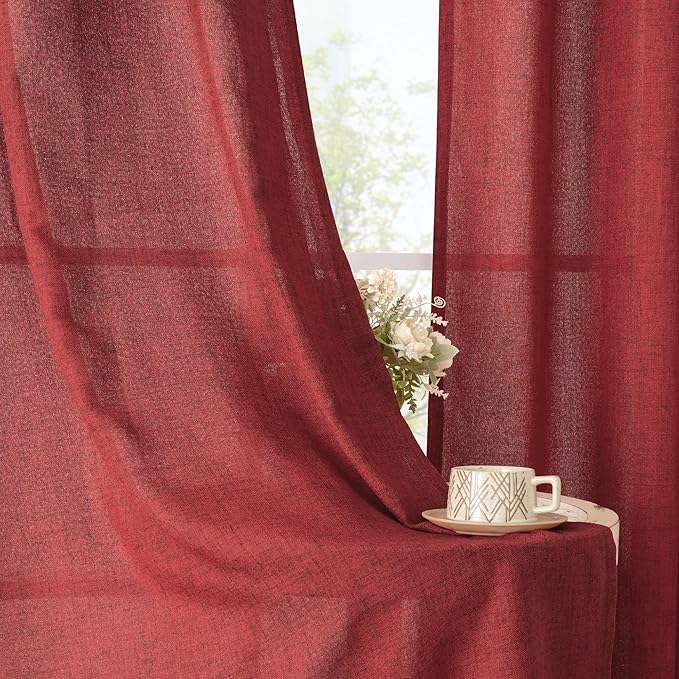 YoungsTex Red Linen Curtains 63 Inch Length 2 Panels for Living Room - Christmas Semi Sheer Window Drapes with Back Tab Rod Pocket Light Filtering for Bedroom, 52 X 63 Inch