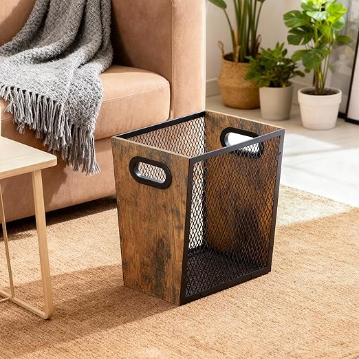 Piskyet Rustic Office Trash Can for Near Desk,7 Gallon Unique Wood Bedroom Garbage Can,Vintage Wastebasket with Handle, Decorative Trash Can for Home Office,2pack 12.2"L x 9.6"W x 14.9"H,Rustic Brown