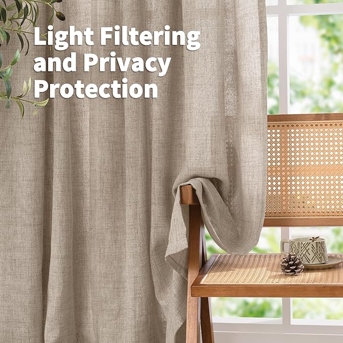 YoungsTex Oatmeal Linen Semi Sheer Curtains 63 Inch Length for Living Room, Light Filtering Window Drapes with Back Tab for Bedroom, 2 Panels, 40 X 63 Inch