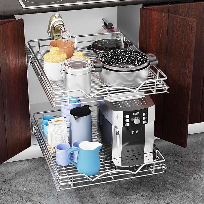 HOLDN’ STORAGE Two Tier Pull Out Cabinet Organizer, Individual Sliding Drawers - Heavy Duty Metal with Lifetime Limited Warranty - Anti Rust Chrome Finish - 14" W x 21”D x 16.5" H