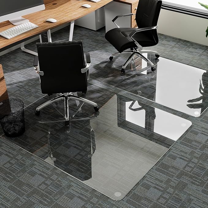 GLSLAND 47"x40" Tempered Glass Chair Mat Heavy-Duty Floor Protector for Carpet & Hard Floors Scratch-Resistant Office Computer Desk Mats Clear