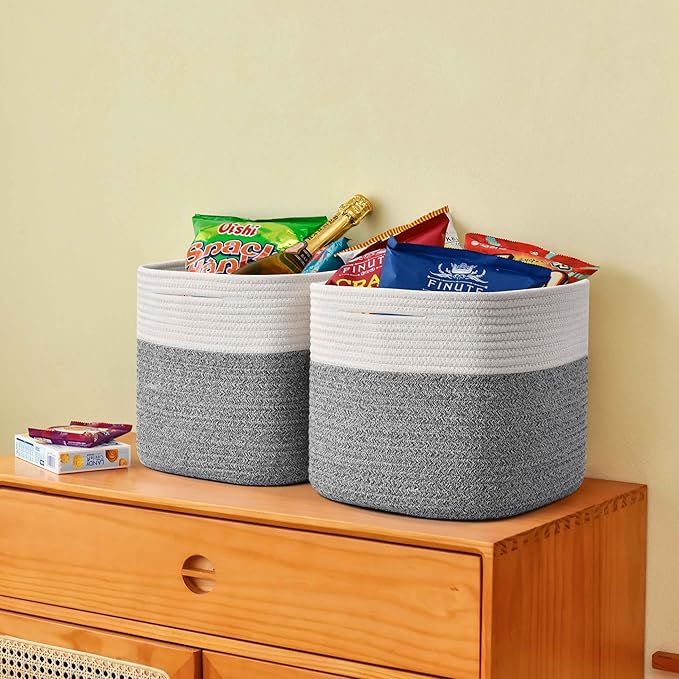 3 Pack Storage Cubes 11 Inch Cotton Rope Woven Baskets for Organizing Cube Bin Square Shelves Organizer,Classroom,Kids Toy Bins,Closet,Baby Nursery(Grey)