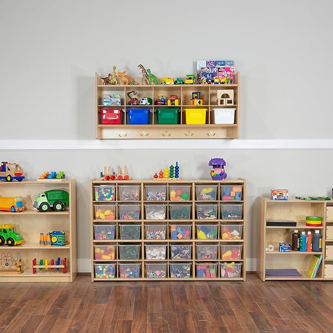 Wood Designs Cubby Storage Bin, Heavy Duty Plastic Containers for Kids Translucent Clear Cubby Tray Set of 10