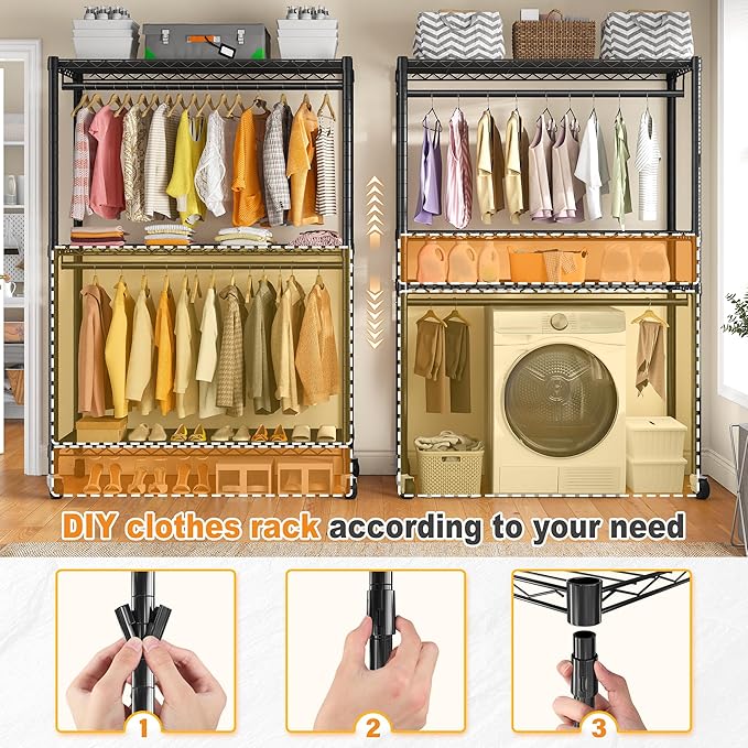 Raybee Clothes Rack with Cover, 81" H Clothing Racks for Hanging Clothes, Portable with Wheels and Adjustable Feets, Max Load 440LBS, Black