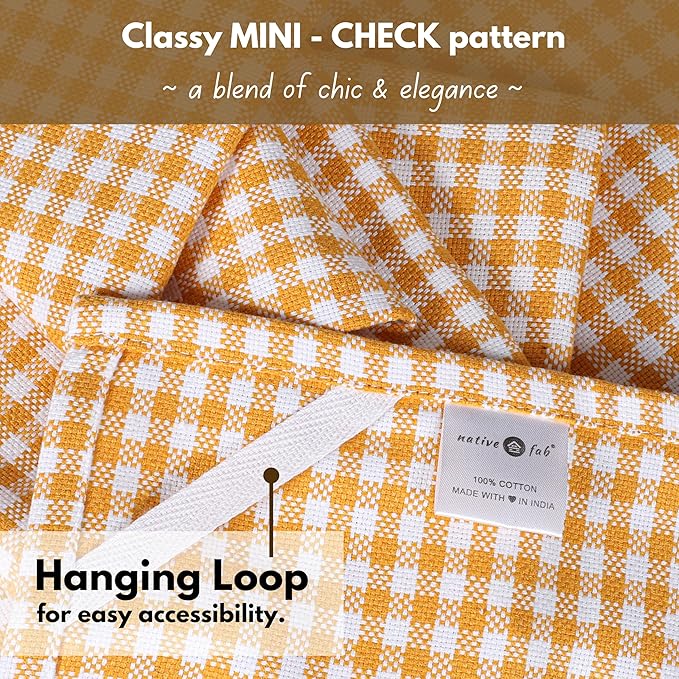 Native Fab 4 Pack Yellow Gingham Cotton Dish Towels 16"x26" - Absorbent Kitchen Linen Towels with Hanging Loop, Dishcloths Set for Drying Dishes, Cleaning Hand Towels, Mustard Yellow White