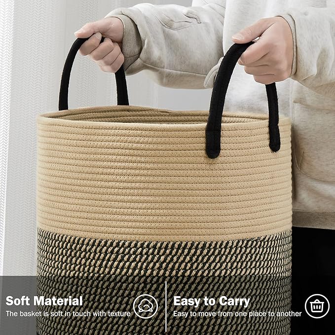 YOUDENOVA Woven Rope Laundry Hamper Basket, 72L Tall Luandry Basket, Baby Nursery Hamper for Blanket Storage, Clothes Hamper for Laundry in Bedroom-Large-Black & Brown