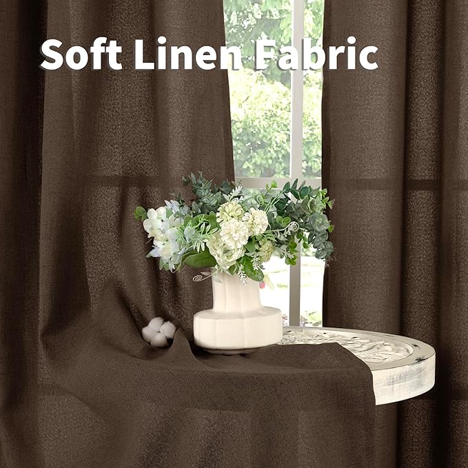 YoungsTex Brown Linen Curtains for Living Room 63 Inches Long, Chocolate Semi Sheer Drapes Textured Light Filtering Window Treatments with Rod Pocket Back Tab for Bedroom, 2 Panels, 52 X 63 Inch