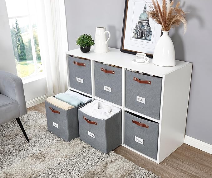 DECOMOMO Storage Cubes, 13x13x13 Storage Cube Bins with Labels, Fabric Organizer Bins (13" / 6pcs, Texture Grey)