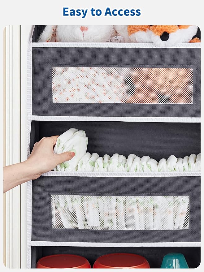JARLINK Over The Door Organizer, 5 Shelf Door Hanging Organizer with 5 Large Pockets, 44 lbs Weight Capacity Hanging Storage for Bathroom, Bedroom, Nursery, RV, Pantry (Dark Grey)