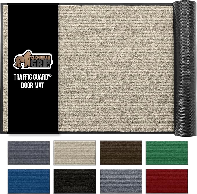 GORILLA GRIP Traffic Guard Door Mat, Heavy Duty Welcome Mats, Commercial Office Space Doormat, Waterproof, Fade Resistant, Strong Rubber Backing, Low Profile, Shoe and Boot Scraper, 35x23, Beige