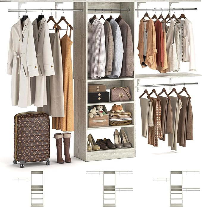 8FT Closet System with Shelves, 96'' Closet Organizer System with 3 Hanging Rods, Wall Mount Bedroom Wardrobe Walk-in Closet, Adjustable Cloth Garment Rack from 5 to 8FT(Cut to Fit), White Oak
