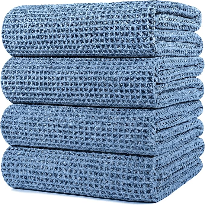 POLYTE Microfiber Oversize Quick Dry Lint Free Bath Towel, 60 x 30 in, 4 Pack (Waffle Weave)